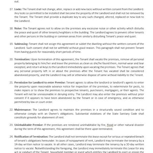 Puede incluir: Un documento legal que describe los t&eacute;rminos de un contrato de arrendamiento entre un arrendador y un inquilino. El documento cubre temas como modificaciones, cerraduras, ruido, subarrendamiento, terminaci&oacute;n, permiso para ingresar a las instalaciones, mantenimiento, instalaciones inhabitables y notificaci&oacute;n de terminaci&oacute;n.