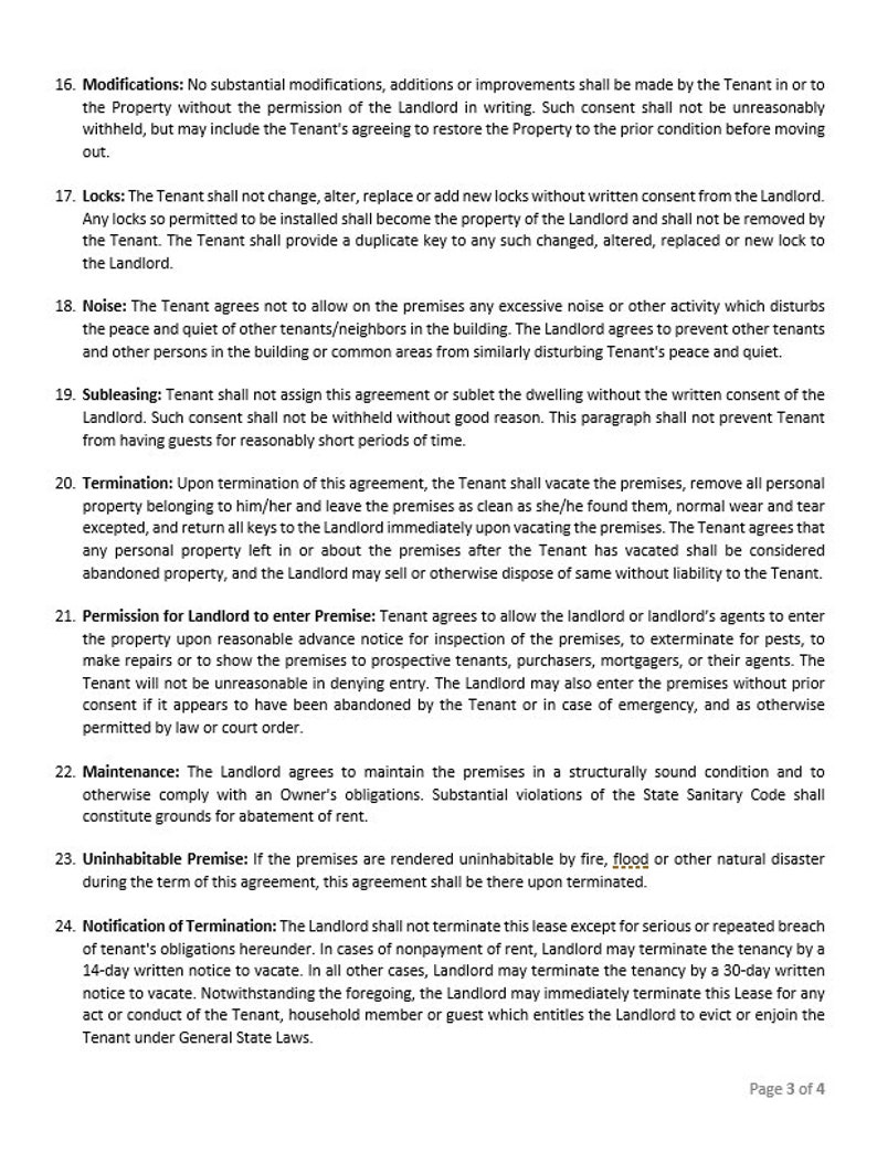 Rental Lease Agreement Printable or Editable in Word. Monthly or Yearly. Residential Lease