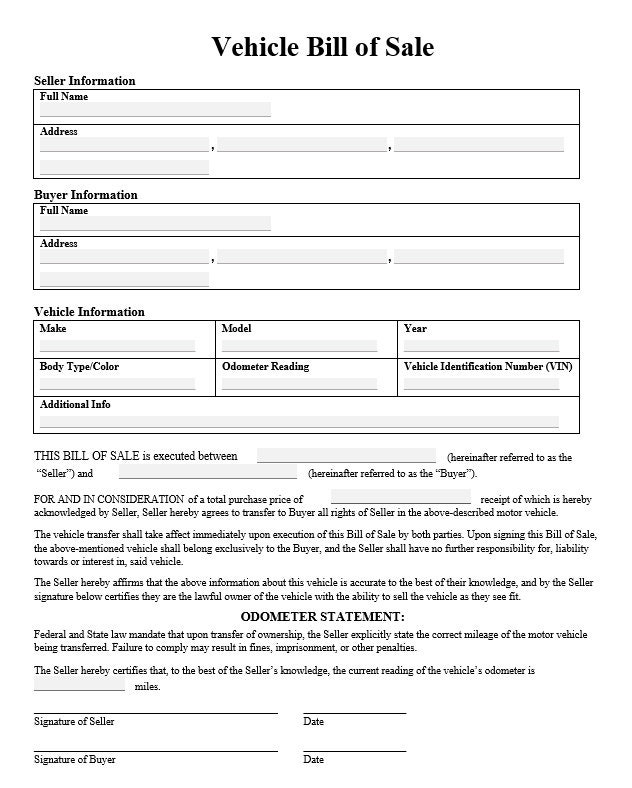Vehicle Bill of Sale With Receipt fillable PDF Bill of - Etsy Canada