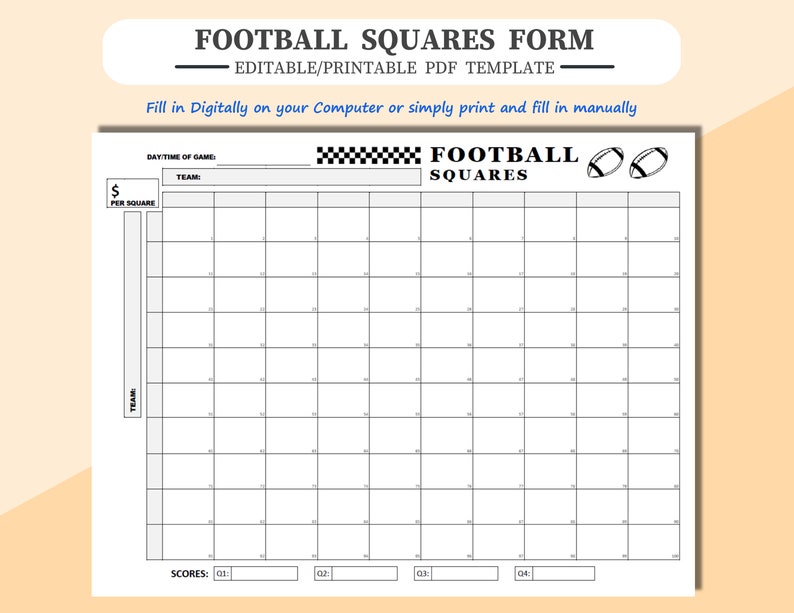 FOOTBALL SQUARES Sheet - Fully Editable in Adobe PDF, or Simply Print ...