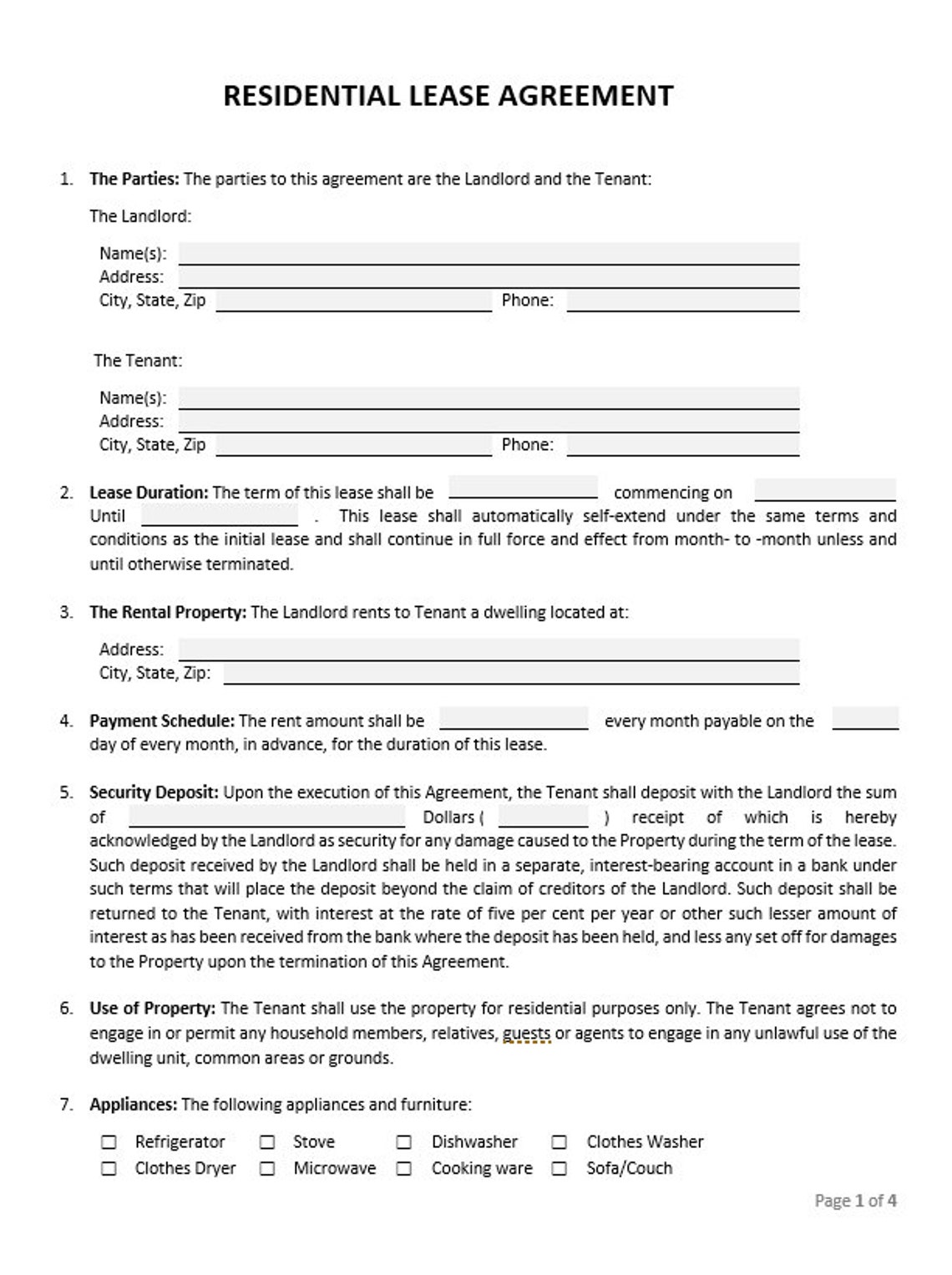 Rental Lease Agreement Printable or Editable in Word. Monthly or Yearly. Residential Lease
