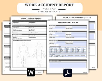 Work Accident Report Form - Fully Editable / Fillable - Fill in with Word or PDF. Work Incident/Accident Report. Injury Report.