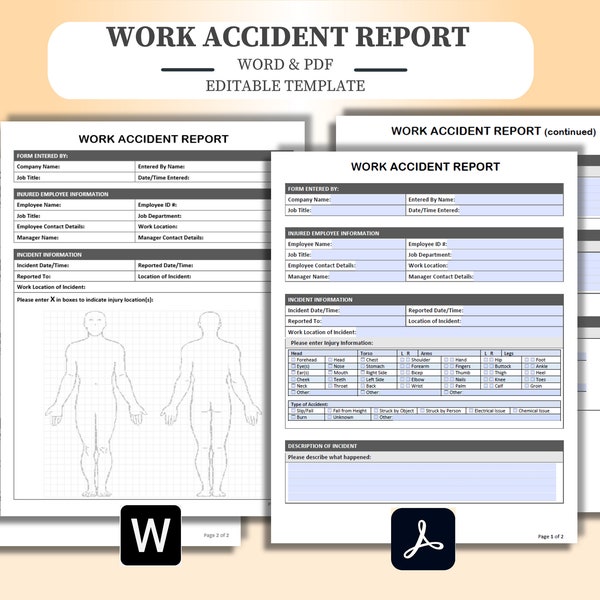 Work Accident Report Form - Fully Editable / Fillable - Fill in with Word or PDF. Work Incident/Accident Report. Injury Report.