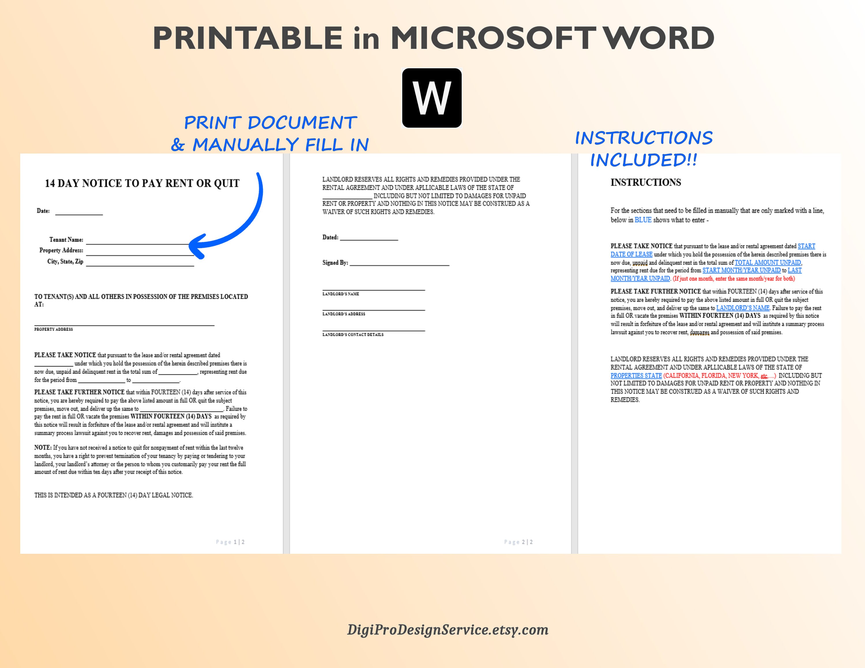 Printable 14 Day Notice to Pay Rent or Quit, Printable in WORD not