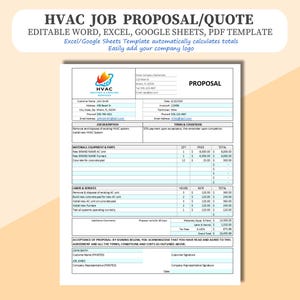 Editable HVAC Proposal Form/Template in Word, Excel, PDF, Google Sheets. Excel/Sheets automatically calculates Totals. HVAC Quote/Estimate.