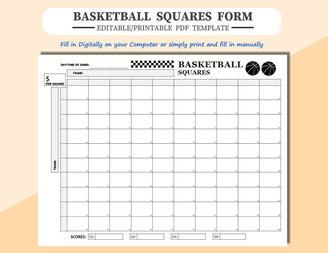 BASKETBALL SQUARES Sheet - Fully Editable in Adobe PDF, or Simply Print ...
