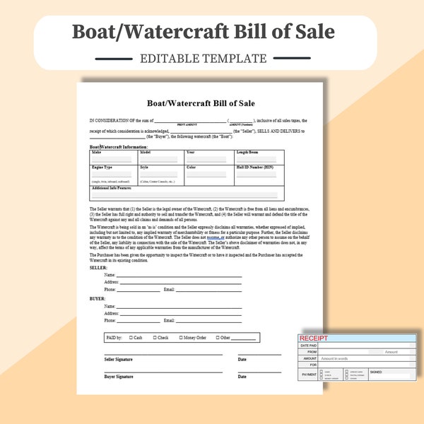 Boat/Watercraft Bill of Sale - Fully editable in Word, PDF or Google Docs - A4/Letter size