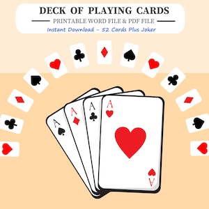Jeu de cartes, téléchargement immédiat. 52 cartes plus le joker. Fichier imprimable Word et Adobe Acrobat PDF.