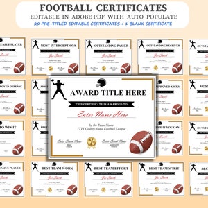 Football Certificate Award bundle, Fully editable/printable in Adobe PDF. 1xblank certificate + 20 Pre-Titled certificates. Instant Download