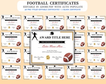 Football Certificate Award bundle, Fully editable/printable in Adobe PDF. 1xblank certificate + 20 Pre-Titled certificates. Instant Download