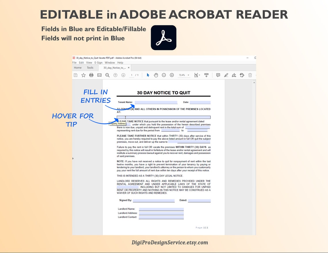 30 Day Notice to Quit / Vacate. Editable, Printable in WORD &amp; Adobe PDF ...