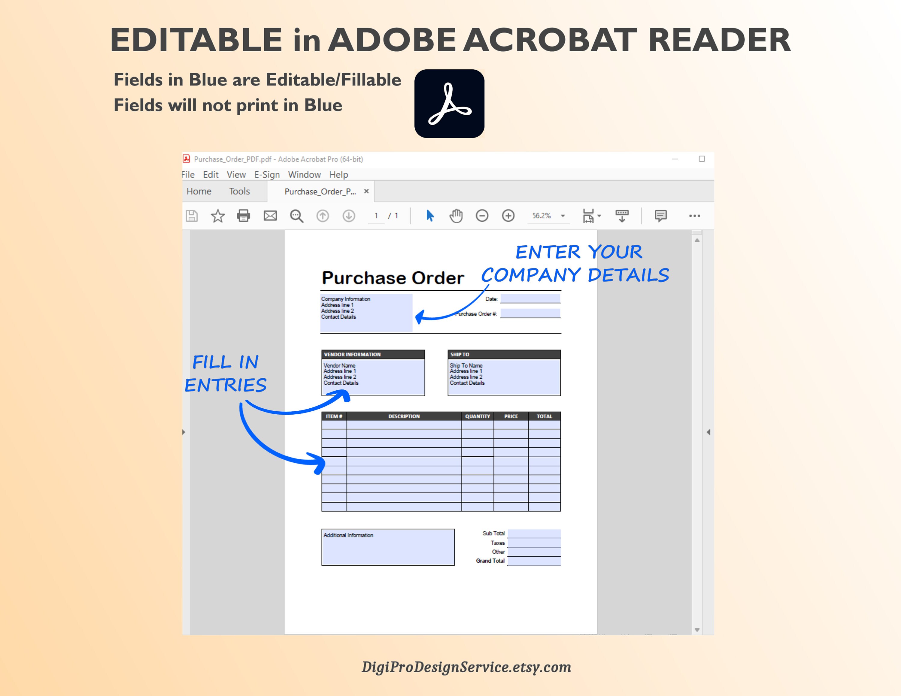 Editable Purchase Order Template: Fillable PDF & Word - Etsy