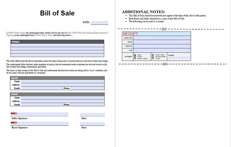 Bill of Sale Document, Fully Editable in WORD, PDF & Google Docs. Sale ...