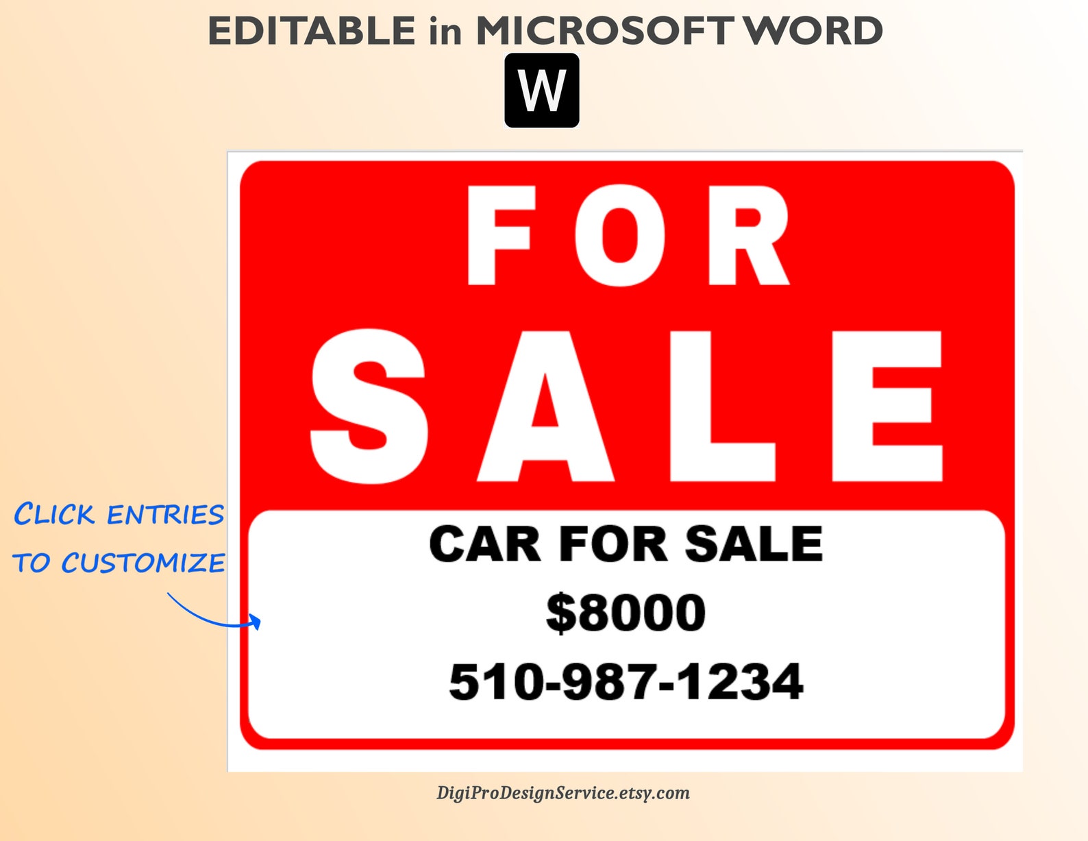 FOR SALE Sign. Printable/editable in Word and PDF Templates. Etsy