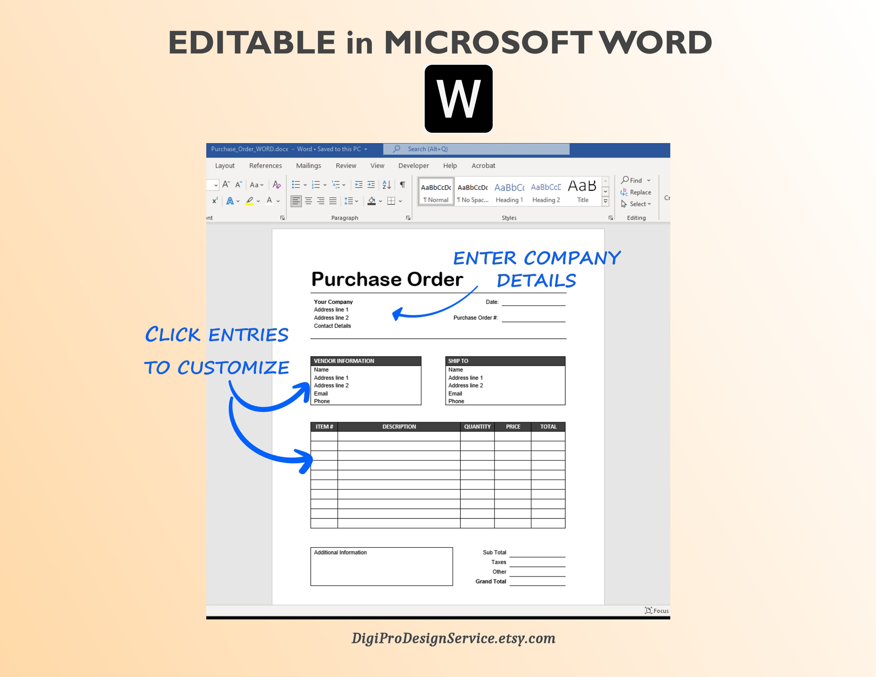 Editable Purchase Order Template: Fillable PDF & Word - Etsy