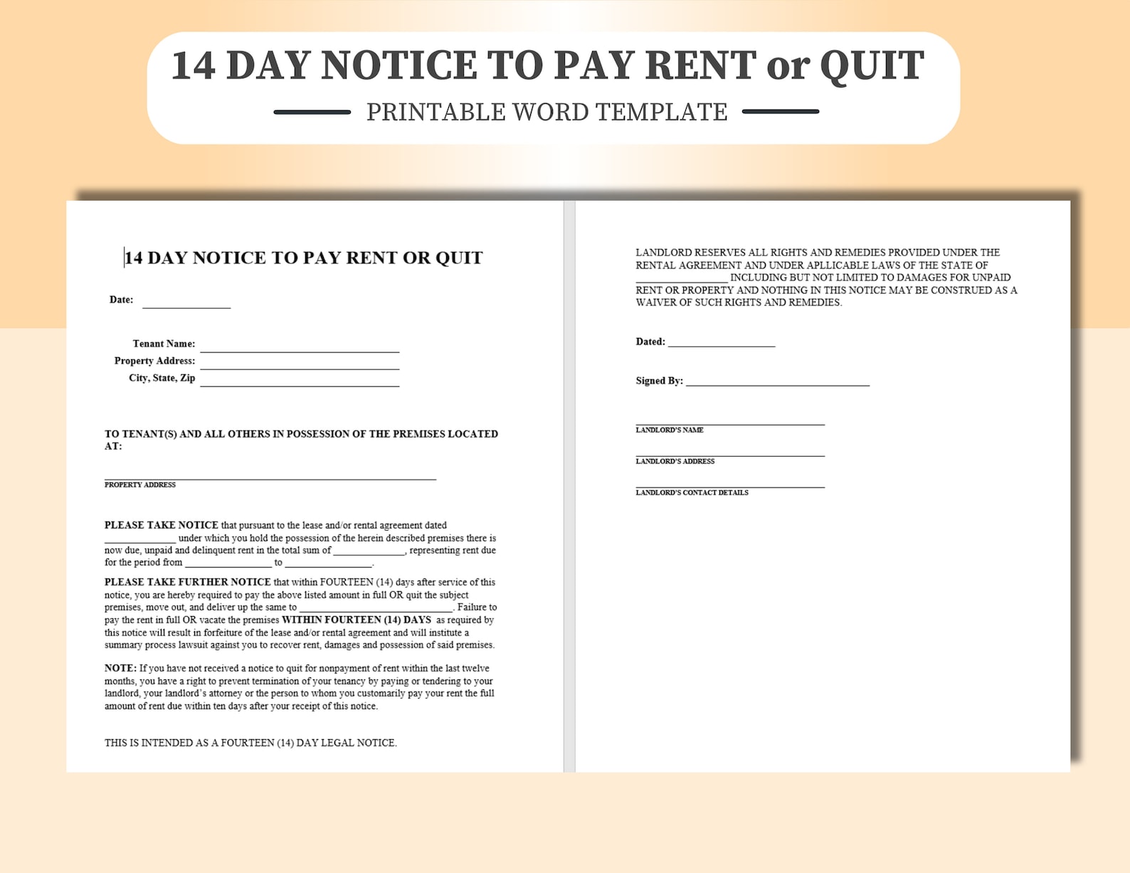 Payless Notice Example Printable 14 Day Notice to Pay Rent or Quit (word Doc) - Etsy