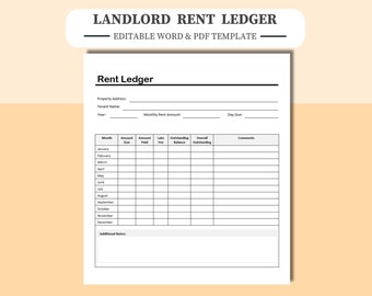May include: A black and white printable rent ledger template with headings for property address, tenant name, year, monthly rent amount, day due, month, amount due, amount paid, late fee, outstanding balance, overall outstanding, and comments.