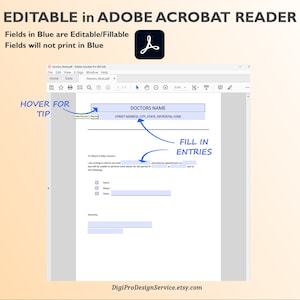 May include: Editable PDF form with blue fillable fields for a doctor's appointment. The form includes fields for the doctor's name, address, and appointment details. The text "HOVER FOR TIP" and "FILL IN ENTRIES" are written in blue on the form.