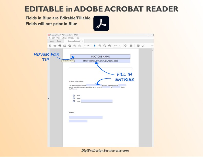 May include: Editable PDF form with blue fillable fields for a doctor's appointment. The form includes fields for the doctor's name, address, and appointment details. The text "HOVER FOR TIP" and "FILL IN ENTRIES" are written in blue on the form.