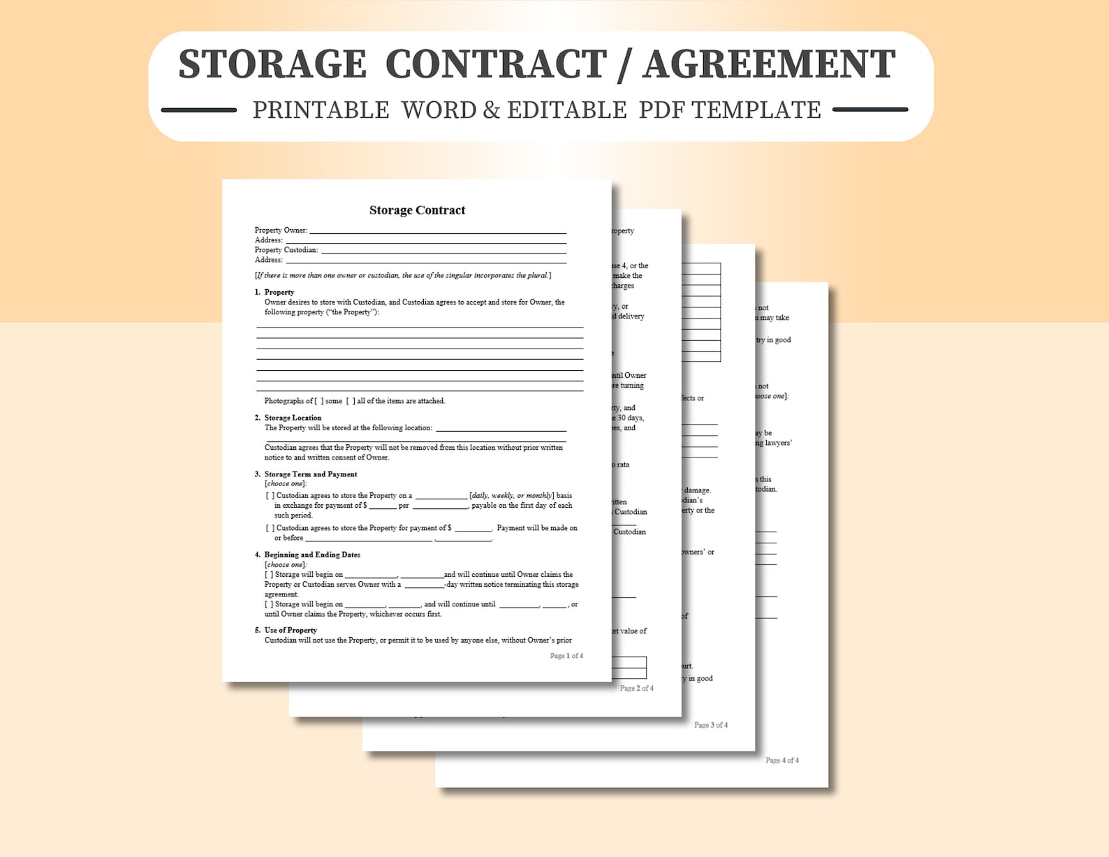 Storage Contract Agreement. Printable/editable Word and PDF Template ...