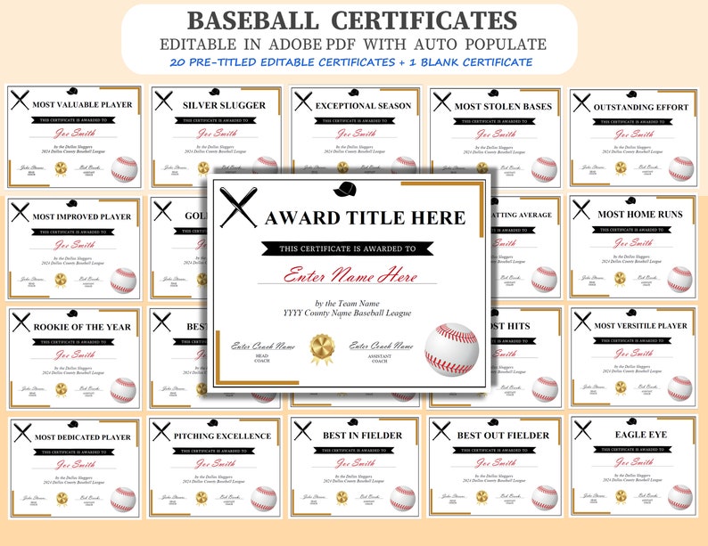 Baseball Certificate Award Bundle, Fully Editable/printable in Adobe ...