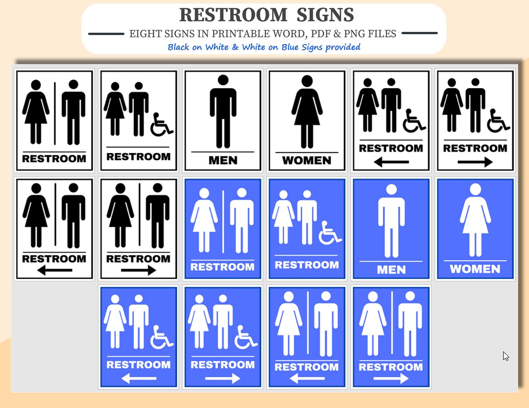 Printable Restroom Signs: Black, White & Blue (PDF, Word, PNG) - Etsy