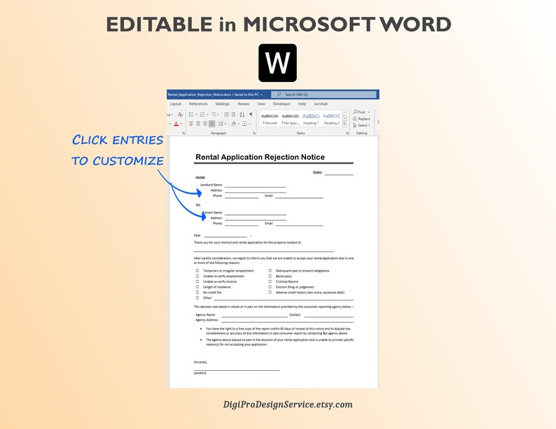 Rental Application Rejection Notice Edit in Word or PDF. Editable or
