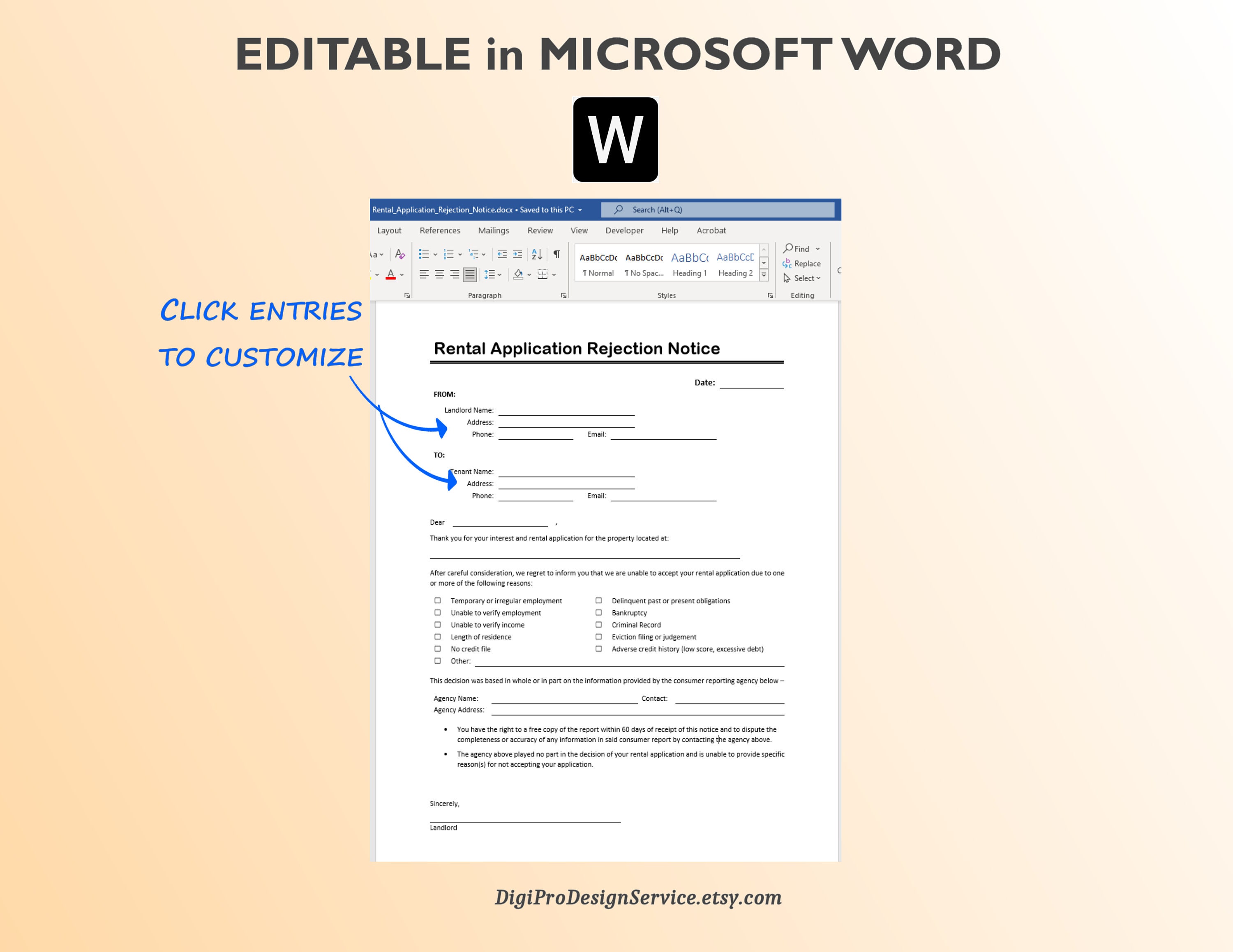 Rental Application Rejection Notice: Editable Word & PDF Template - Etsy