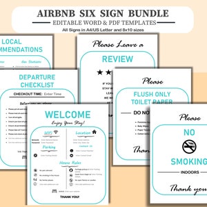 Puede incluir: Un paquete de seis letreros de Airbnb con plantillas editables de Word y PDF. Los letreros incluyen recomendaciones locales, una lista de verificación de salida, un letrero de bienvenida, una solicitud de revisión, un letrero de solo tirar el papel higiénico y un letrero de no fumar.