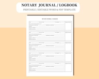 公証人日誌/ログブック。公証人ログ。公証人ブックは印刷可能/編集可能な Word および PDF。すぐにダウンロードできます。