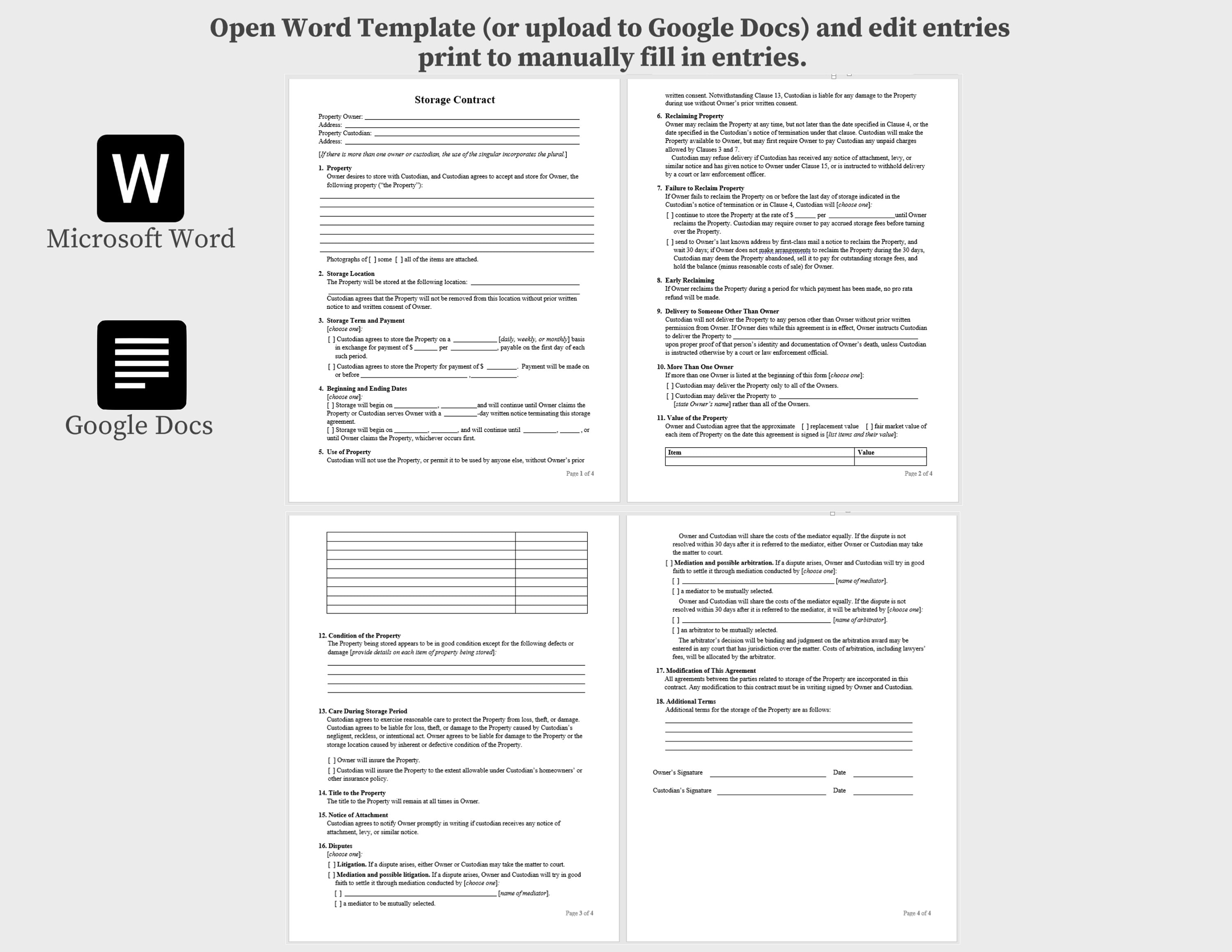 Storage Contract Agreement. Printable/editable Word and PDF Template ...