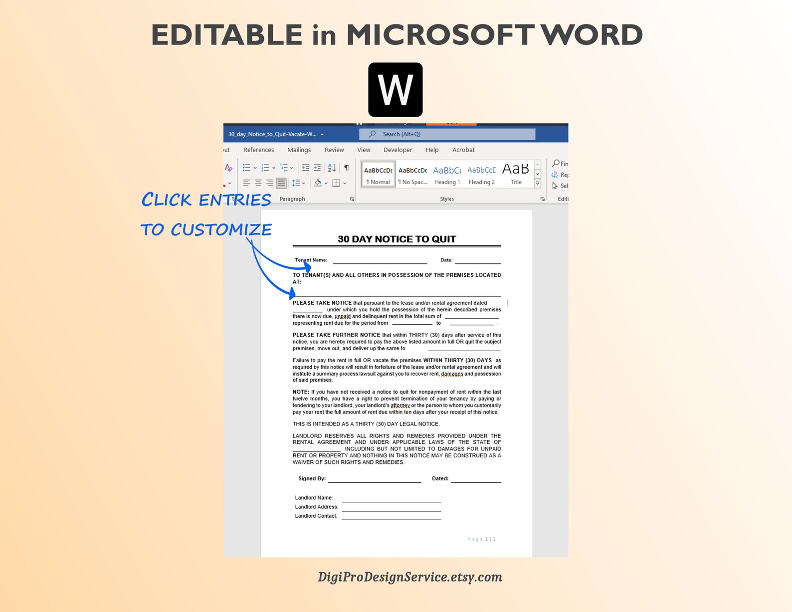 30 Day Notice to Quit / Vacate. Editable, Printable in WORD &amp; Adobe PDF ...
