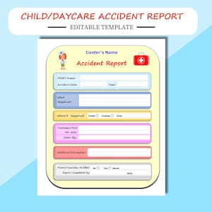 Formulário de relatório de acidente infantil/creche - editável em WORD e PDF - tamanho carta A4/EUA