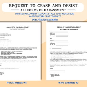 Może przedstawiać: Dwa edytowalne szablony Word dla listu o zaprzestaniu i zaniechaniu działań w celu powstrzymania nękania. Szablony zawierają sekcje z informacjami o nadawcy i odbiorcy, datą oraz szczegółowym opisem nękania. Dokument zawiera również sekcję z podpisem i danymi kontaktowymi nadawcy.