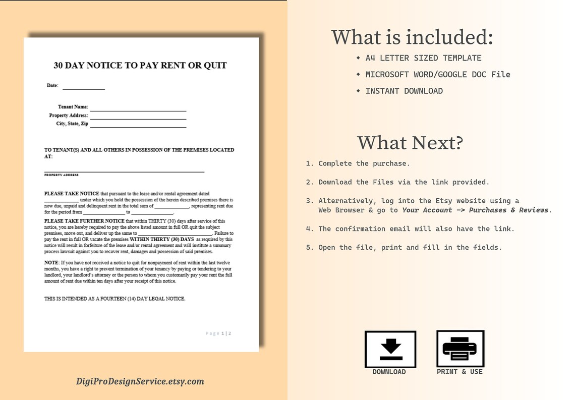 Printable 30 Day Notice to Pay Rent or Quit (not Editable), 30 Day ...