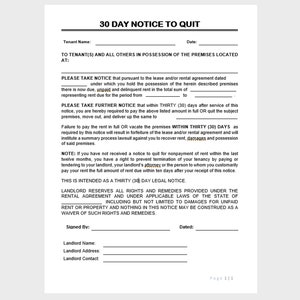 Quit Rent Statement 30-day Notice to Quit Template: Editable Tenant Vacate Form (PDF & Word ...