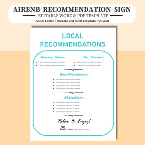 Letrero de recomendación de Airbnb: informa a los huéspedes sobre supermercados, atracciones, restaurantes y gasolineras locales. Tamaños A4/Carta y 8x10.