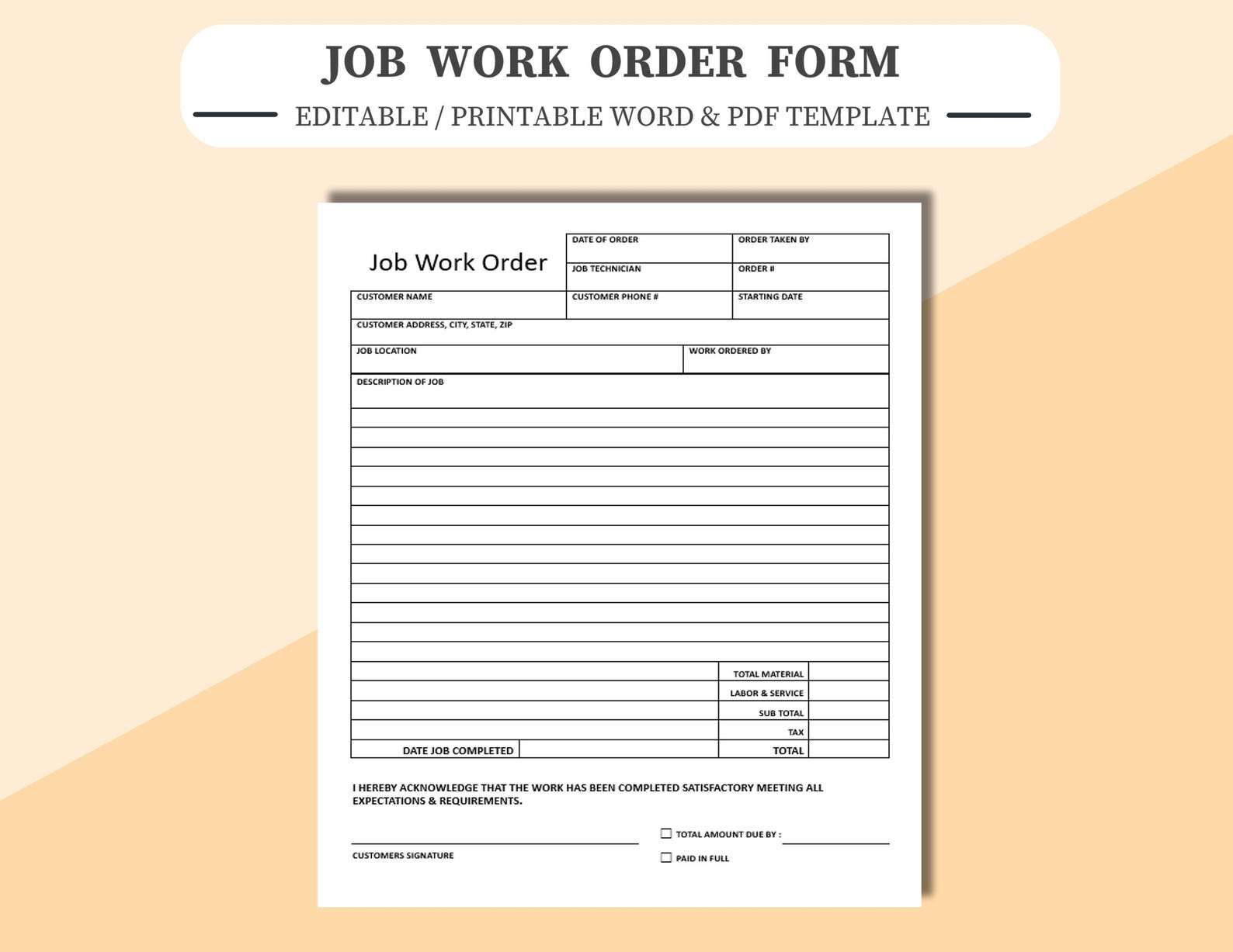 Editable Job Work Order Form (PDF, Word, Google Docs) - Etsy