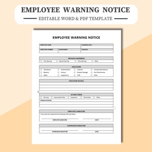 Employee Warning Notice Form - Editable / Printable in Word or Adobe PDF. Employee Violation. Work, Discipline Form