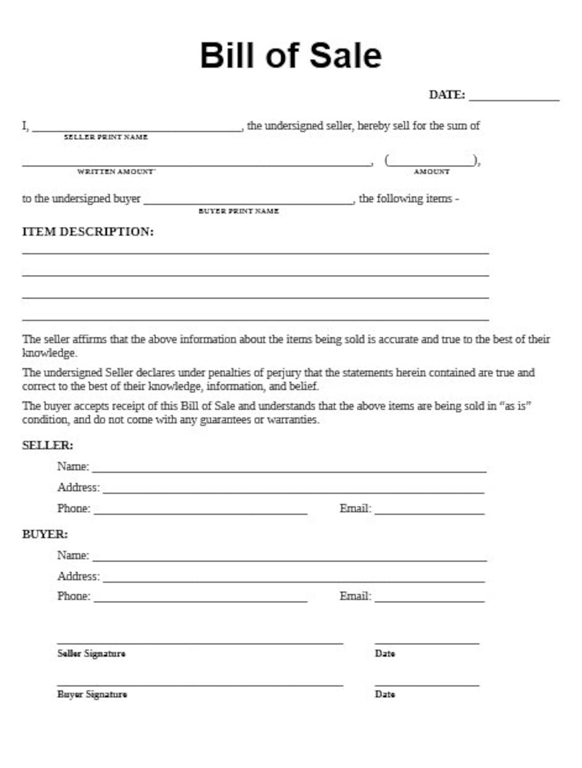 Bill of Sale Template/form, Print & Fill. Print in Word docx, Adobe PDF