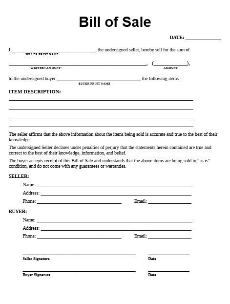 Bill of Sale Template/form, Print & Hand Write Entries. Print in Word ...