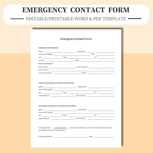 Emergency Contact Form - Employee Emergency Contact List -  Editable/Printable Template, Document