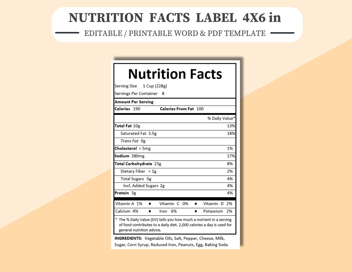Editable Nutrition Facts Label Template (4x6 Inch) (PDF, Word, Google ...