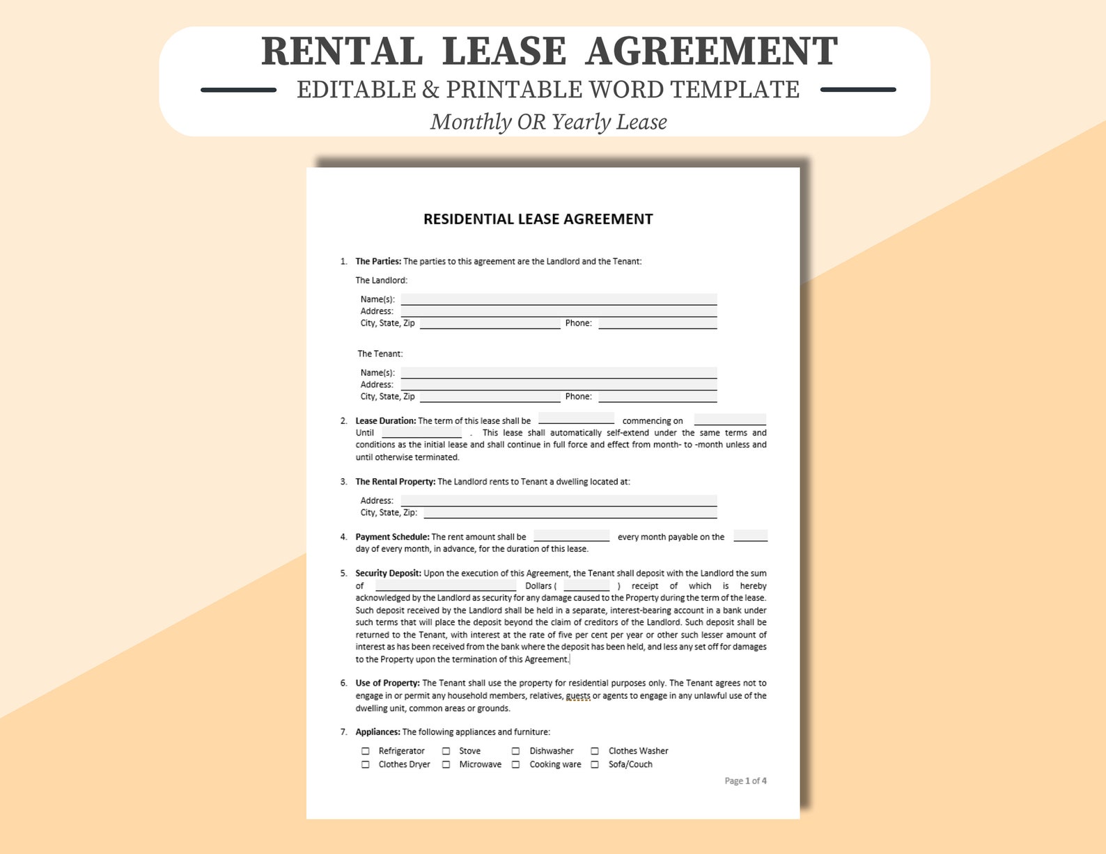 Rental Lease Agreement Printable or Editable in Word. Monthly or Yearly. Residential Lease