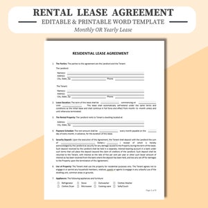 Rental Lease Agreement - Printable or Editable in Word. Monthly or Yearly. Residential Lease Agreement, Month to Month, Annual. Fillable. Instant Download.
