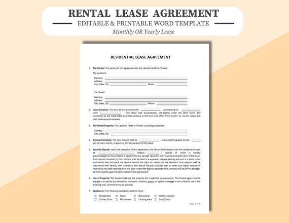 Rental Lease Agreement: Monthly or Annual, Editable Word Template