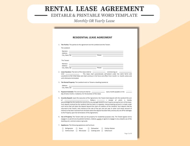 Rental Lease Agreement - Printable or Editable in Word. Monthly or Yearly. Residential Lease Agreement, Month to Month, Annual. Fillable. Instant Download.