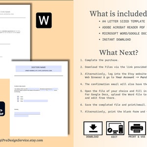 May include: A printable doctor's appointment slip template in PDF and Word format. The template includes fields for the doctor's name, address, and date of appointment. The image also includes instructions on how to download, edit, print, and email the template.