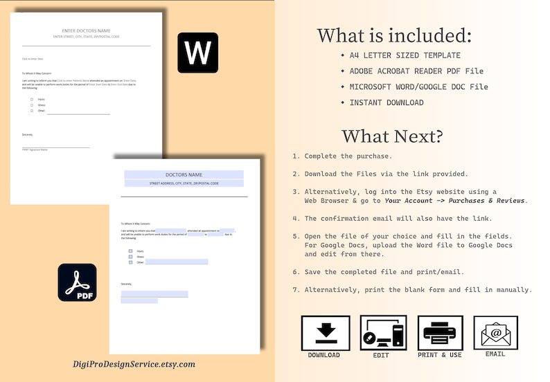 May include: A printable doctor's appointment slip template in PDF and Word format. The template includes fields for the doctor's name, address, and date of appointment. The image also includes instructions on how to download, edit, print, and email the template.