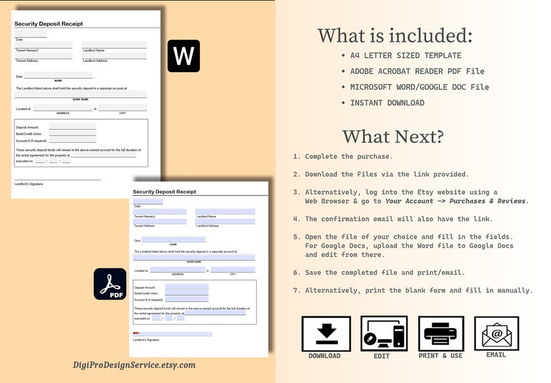 Editable Rent Security Deposit Receipt (WORD & PDF) - Etsy